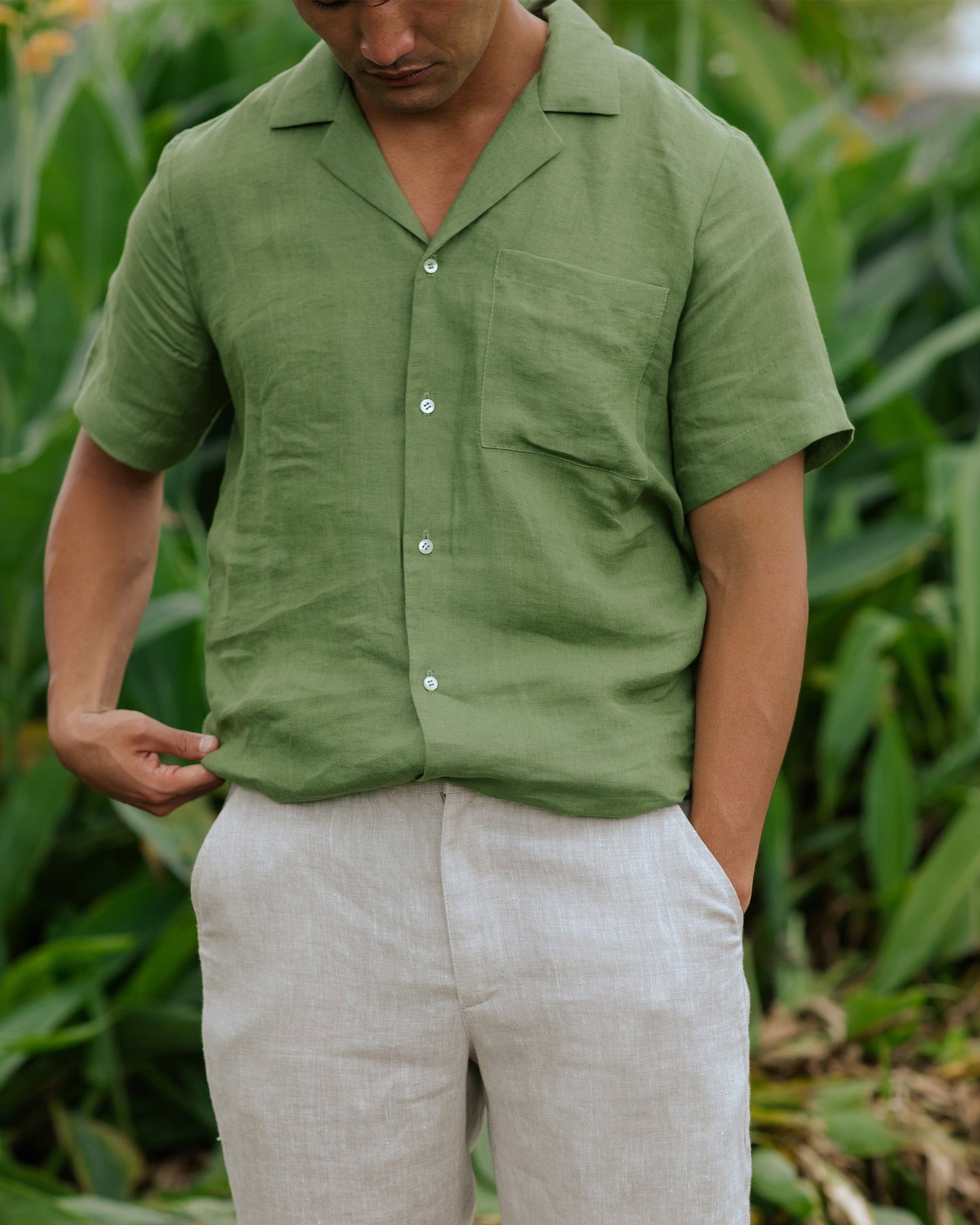 Men's Short-Sleeved Linen Shirt in Forest Green - Lightweight Relaxed Fit Camp Collar Summer Style 3