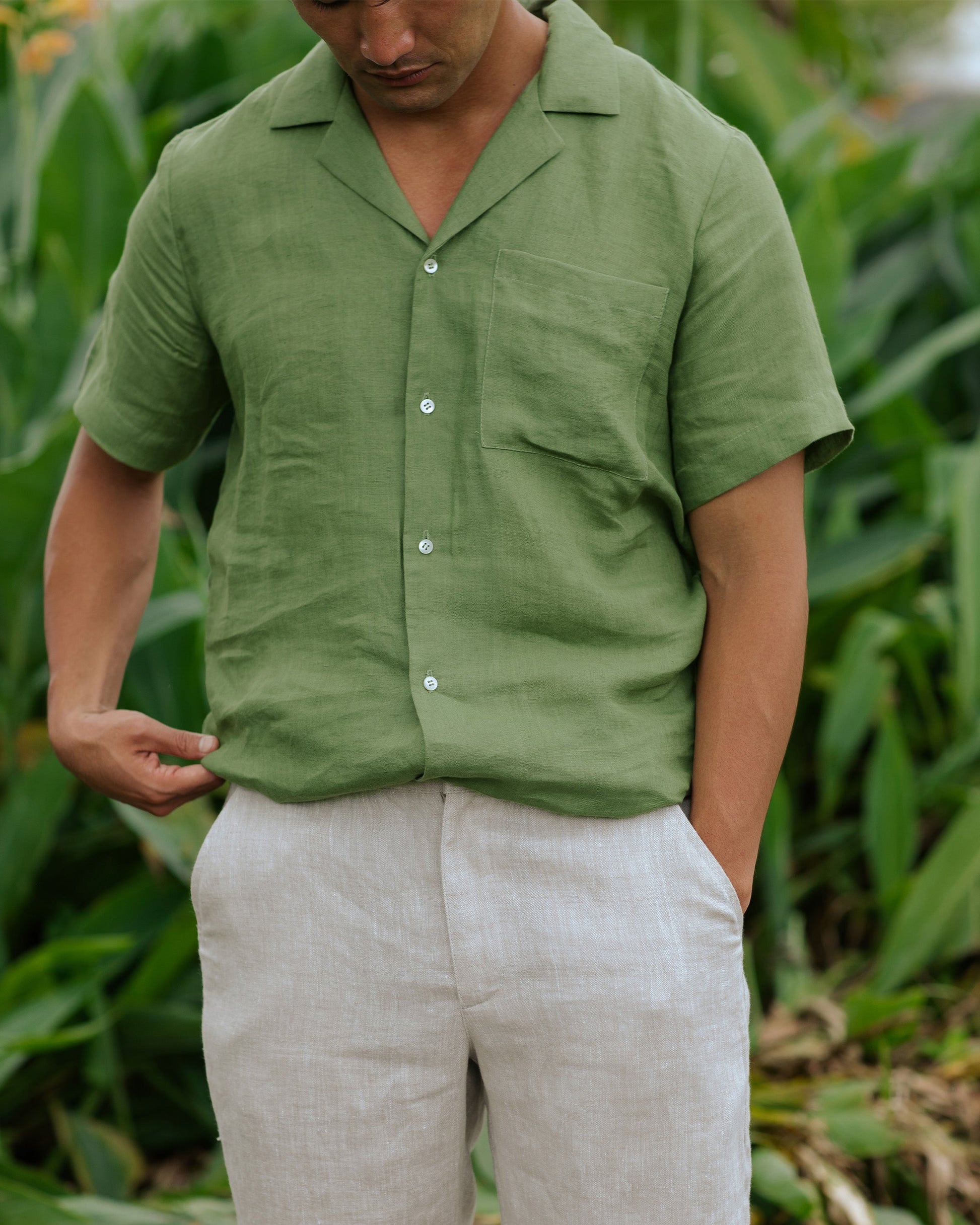 Men's Short-Sleeved Linen Shirt in Forest Green - Lightweight Relaxed Fit Camp Collar Summer Style 3
