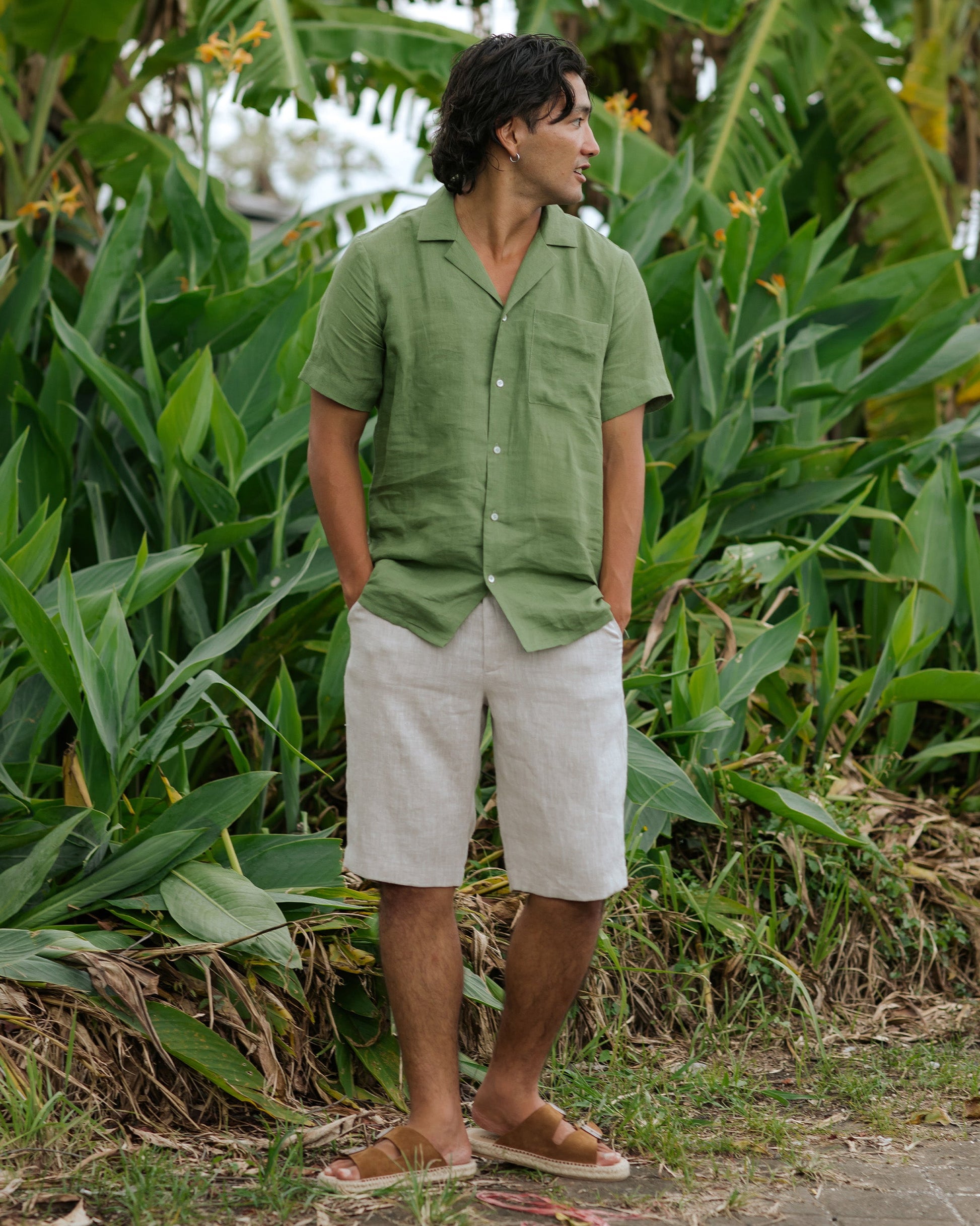 Men's Short-Sleeved Linen Shirt in Forest Green - Lightweight Relaxed Fit Camp Collar Summer Style 4
