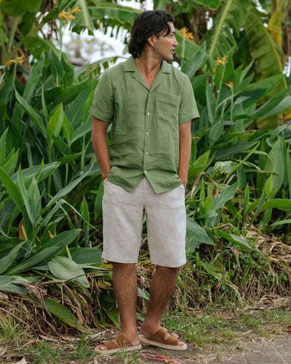 Men's Short-Sleeved Linen Shirt in Forest Green - Lightweight Relaxed Fit Camp Collar Summer Style 4