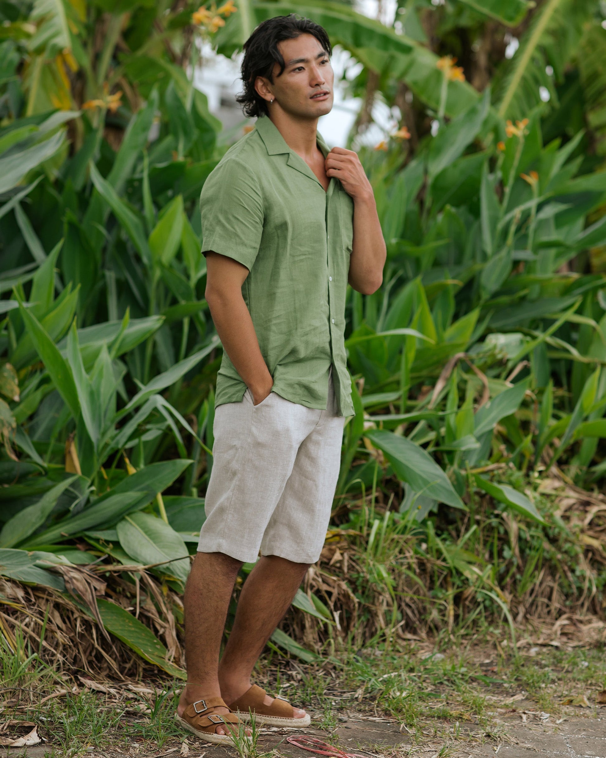 Men's Short-Sleeved Linen Shirt in Forest Green - Lightweight Relaxed Fit Camp Collar Summer Style 5