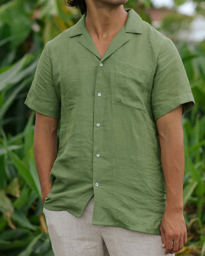 Men's Short-Sleeved Linen Shirt in Forest Green - Lightweight Relaxed Fit Camp Collar Summer Style 6