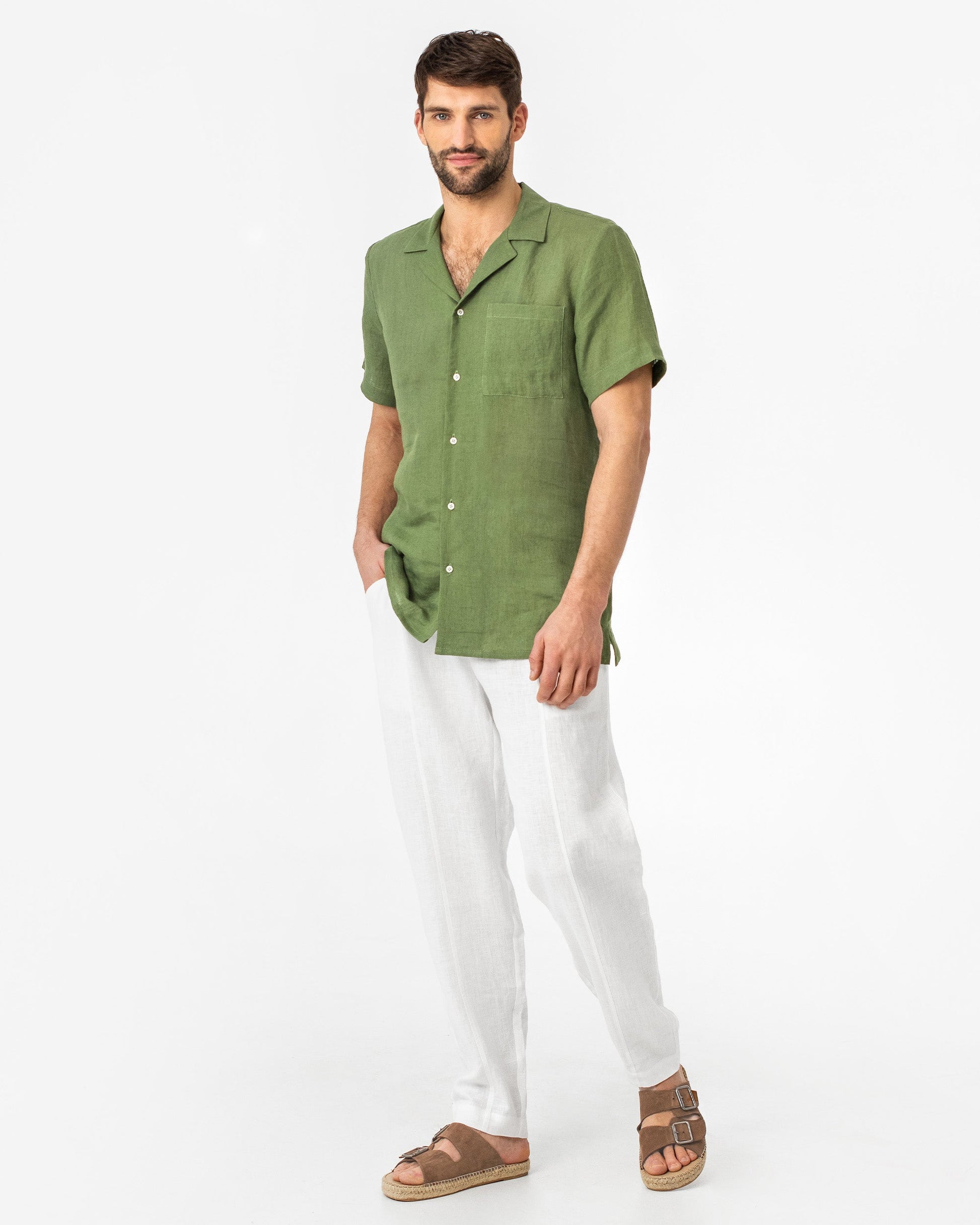 Men's Short-Sleeved Linen Shirt in Forest Green - Lightweight Relaxed Fit Camp Collar Summer Style 7