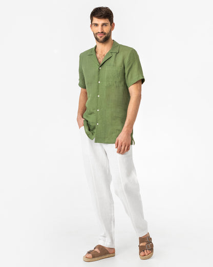 Men's Short-Sleeved Linen Shirt in Forest Green - Lightweight Relaxed Fit Camp Collar Summer Style 7