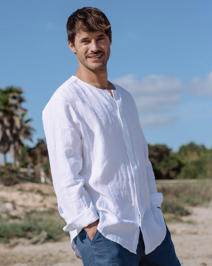 Men's White Linen Shirt, Relaxed Fit Long Sleeve Button-Up with Collarless Neck 0