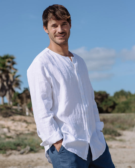 Men's White Linen Shirt, Relaxed Fit Long Sleeve Button-Up with Collarless Neck 0