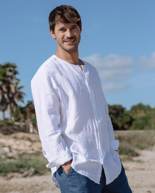 White Collarless Long Sleeve Linen Shirt – Relaxed Fit