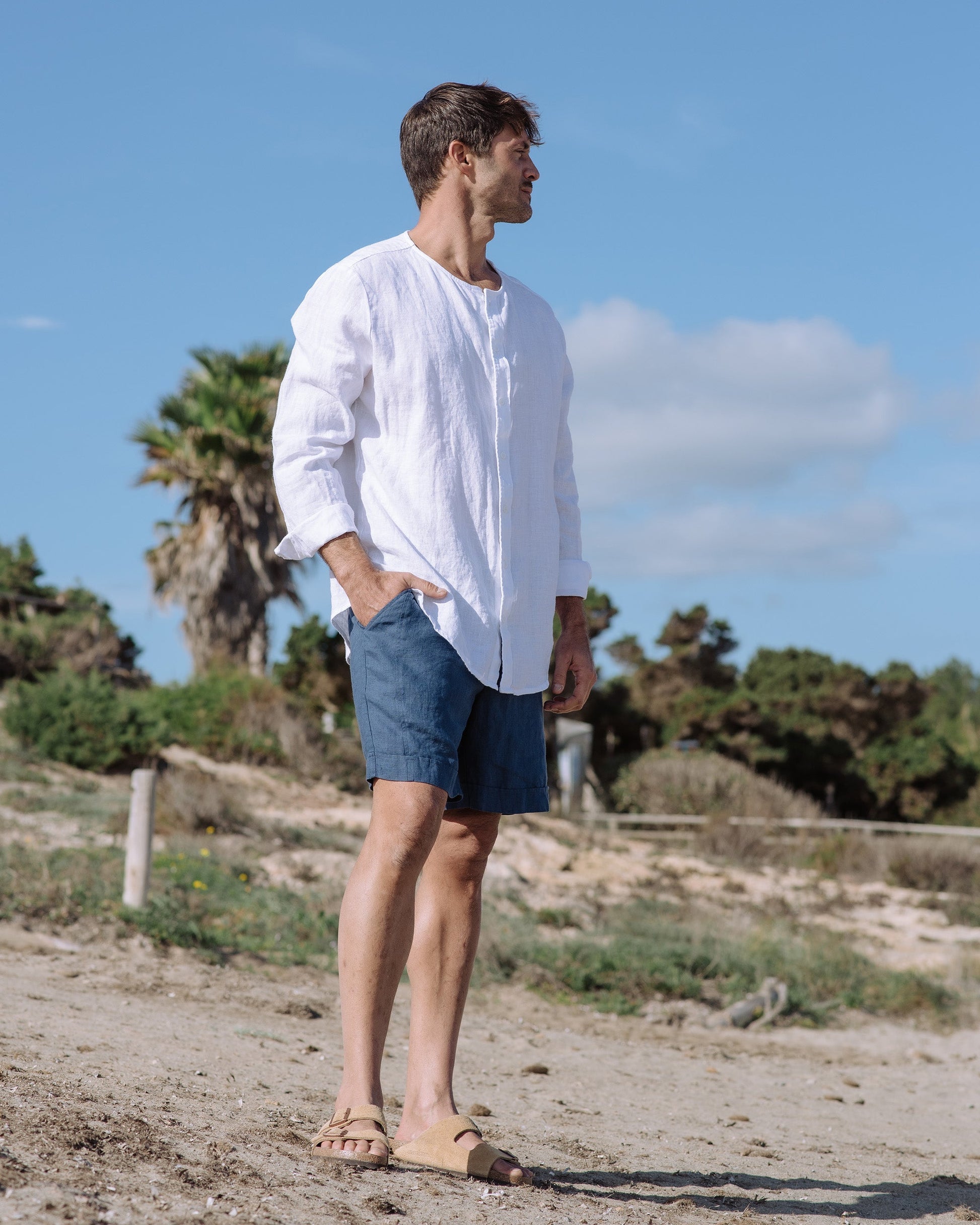 Men's White Linen Shirt, Relaxed Fit Long Sleeve Button-Up with Collarless Neck 2