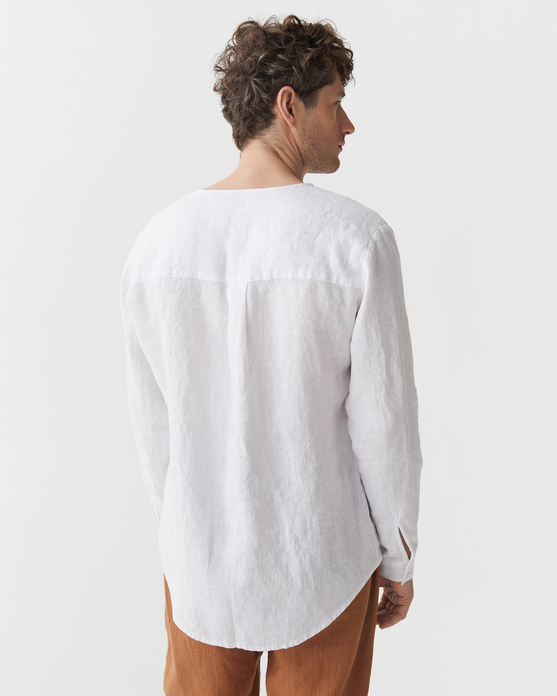 Men's White Linen Shirt, Relaxed Fit Long Sleeve Button-Up with Collarless Neck 3