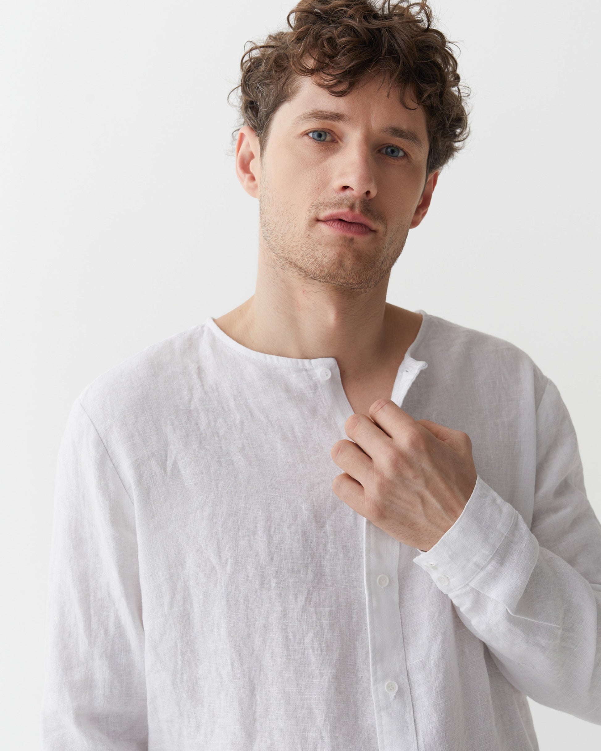 Men's White Linen Shirt, Relaxed Fit Long Sleeve Button-Up with Collarless Neck 4