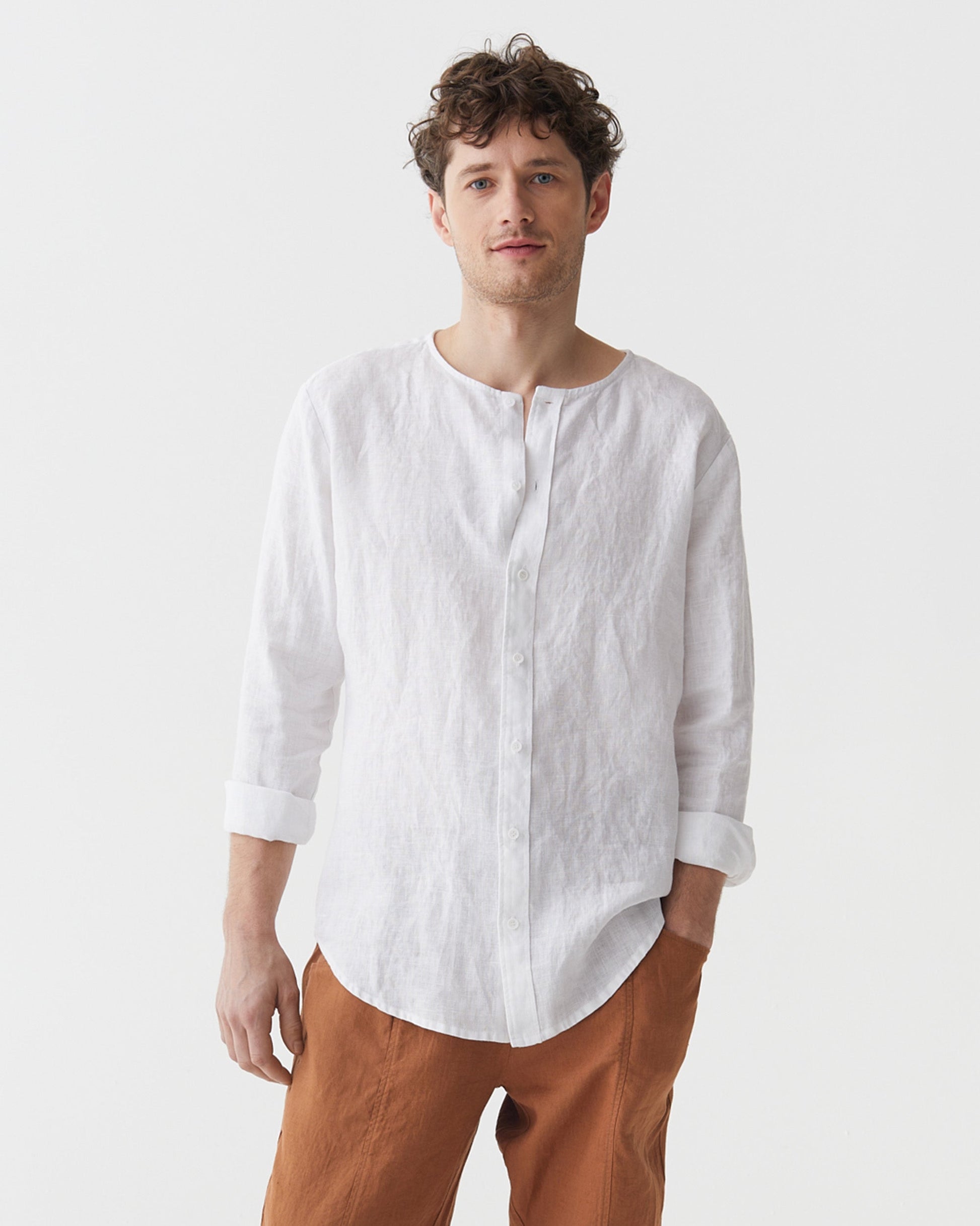 Men's White Linen Shirt, Relaxed Fit Long Sleeve Button-Up with Collarless Neck 5