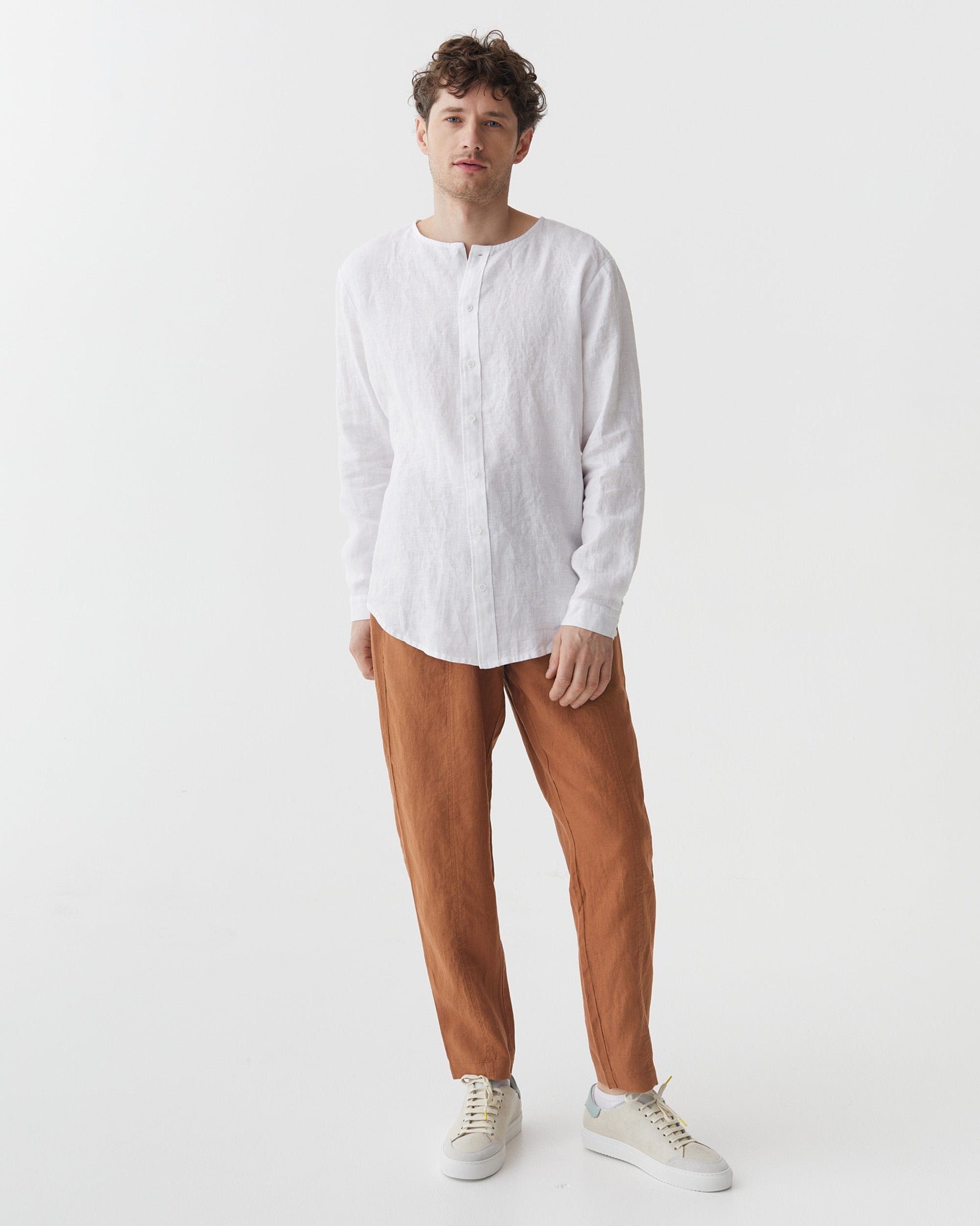 Men's White Linen Shirt, Relaxed Fit Long Sleeve Button-Up with Collarless Neck 6