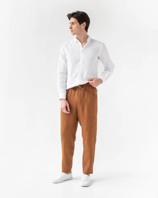 Natural Brown Linen Truckee Pants – Elastic Waist with Drawstring