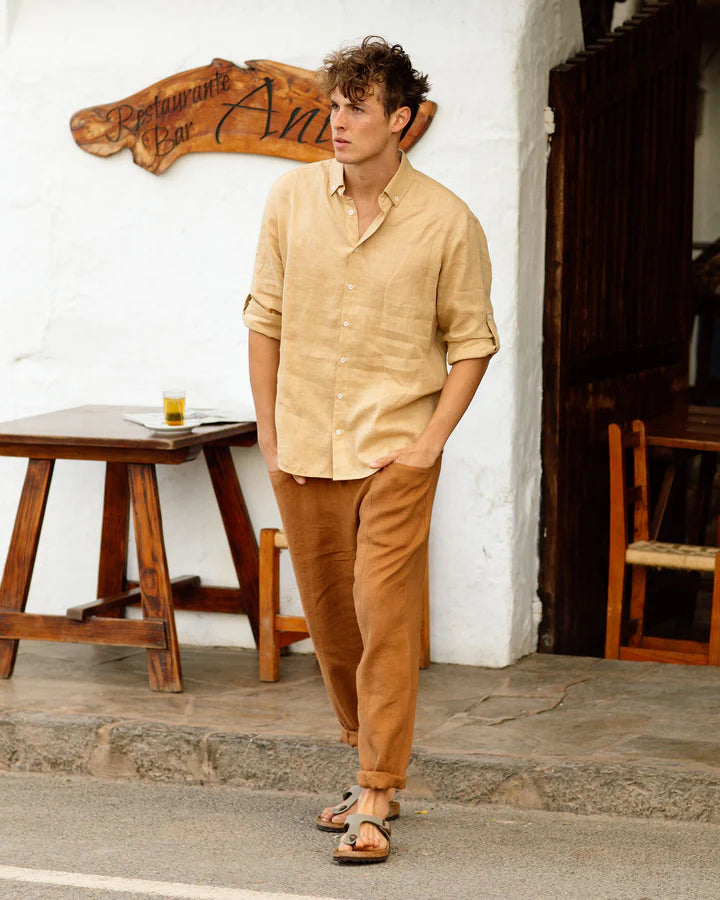 Natural Brown Linen Truckee Pants – Elastic Waist with Drawstring