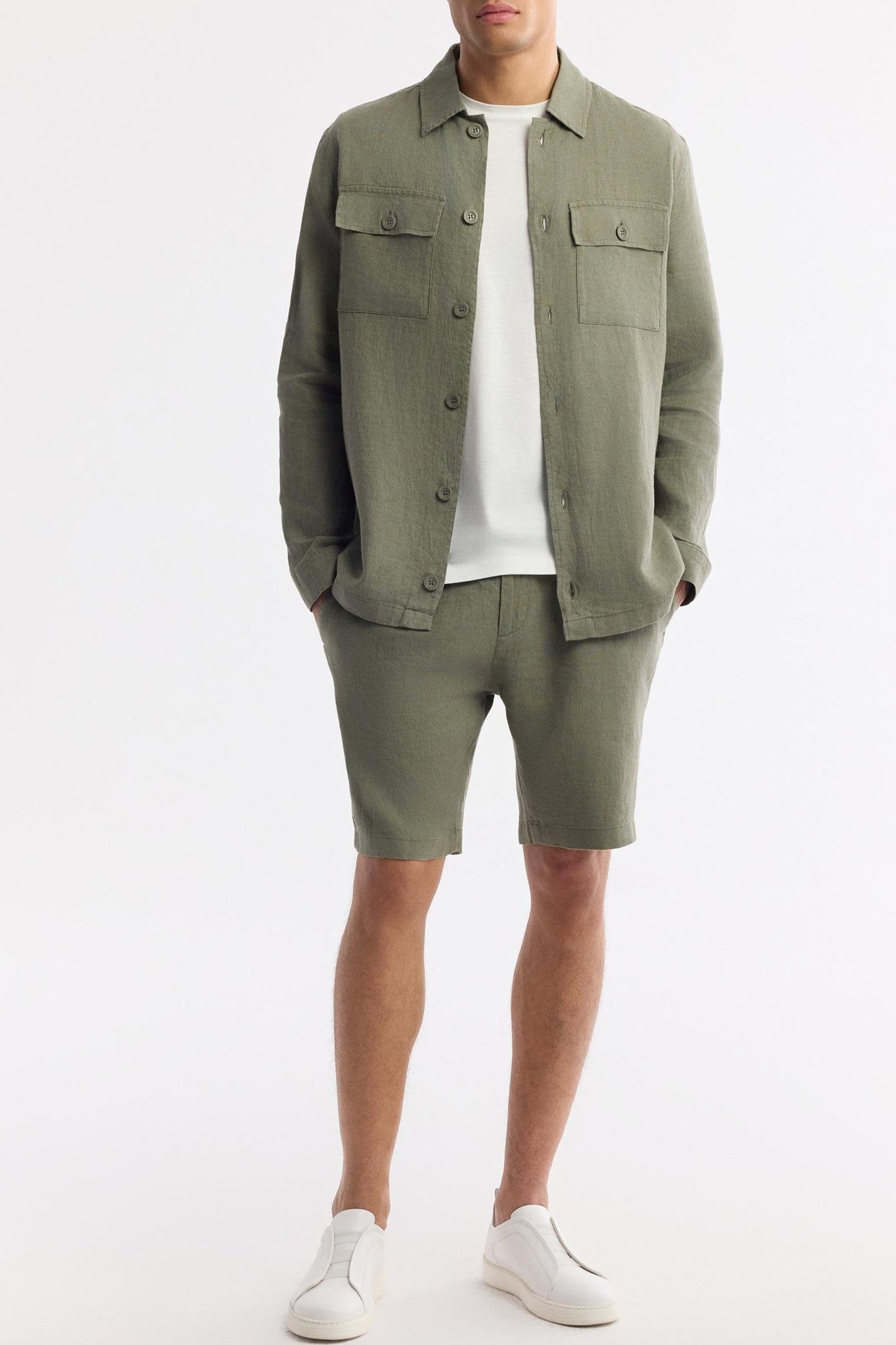 Model styled with matching overshirt and white tee
