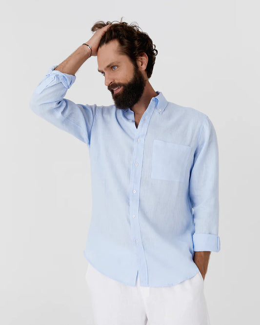Sky Blue Long Sleeves Linen Shirt – Modern Fit, River Shell Button-Up