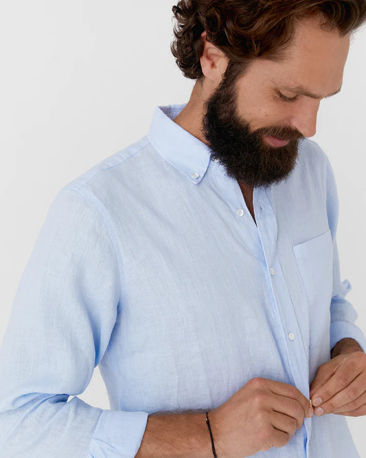 Sky Blue Long Sleeves Linen Shirt – Modern Fit, River Shell Button-Up