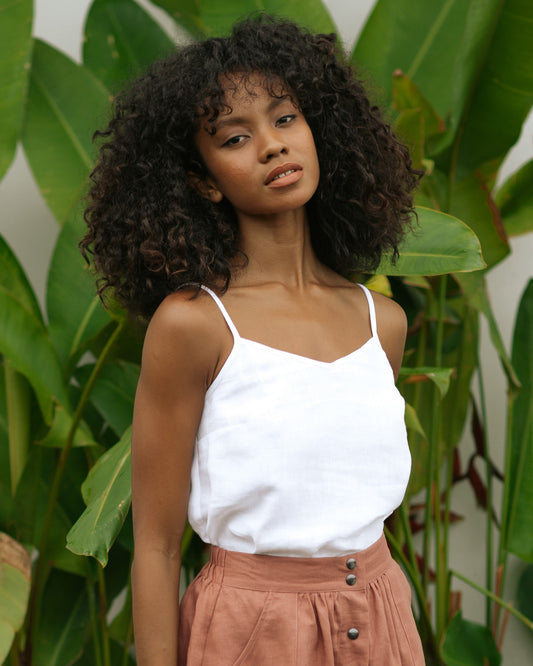 White Linen Spaghetti Strap Top – Adjustable Lightweight Fit
