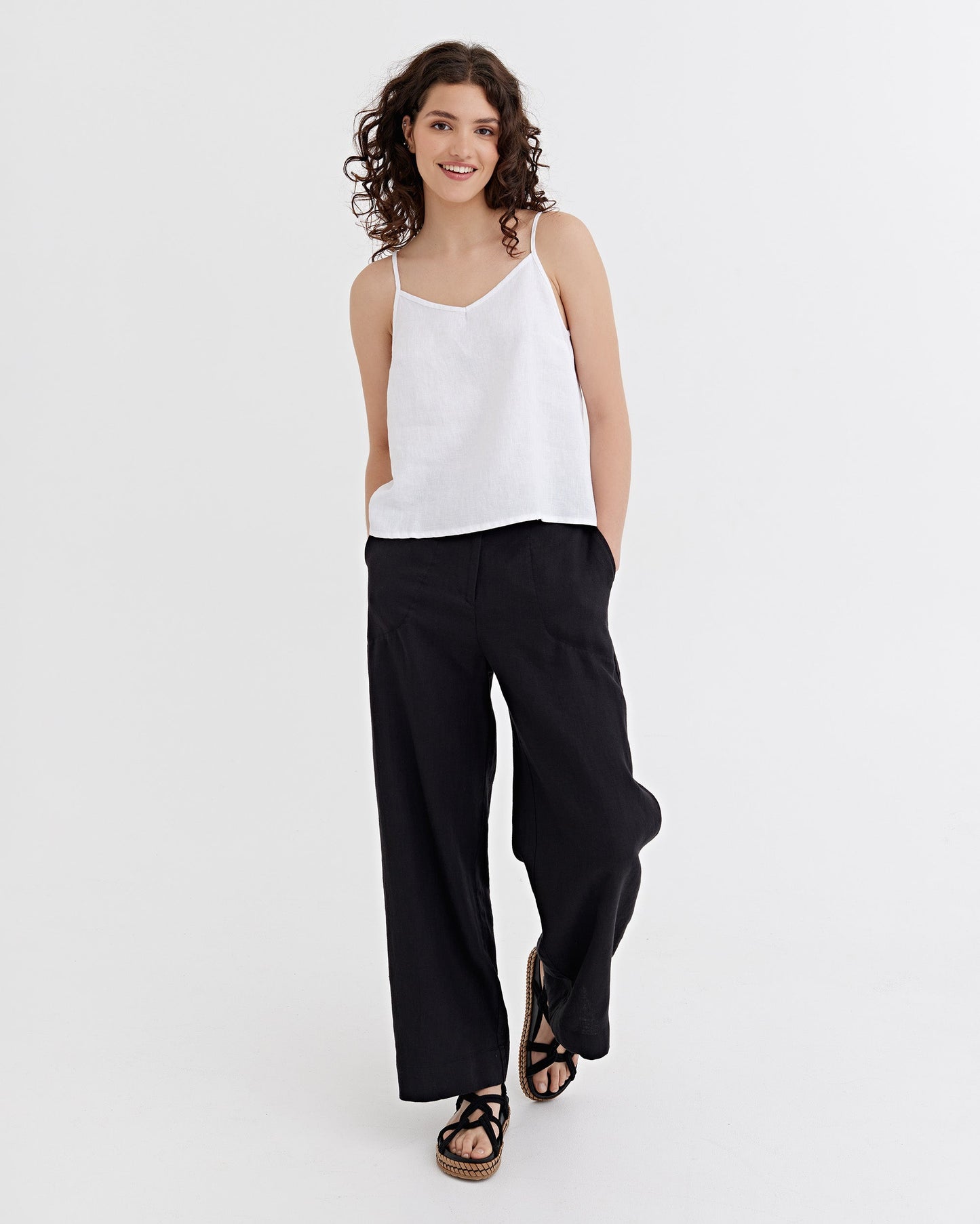 White Linen Spaghetti Strap Top – Adjustable Lightweight Fit