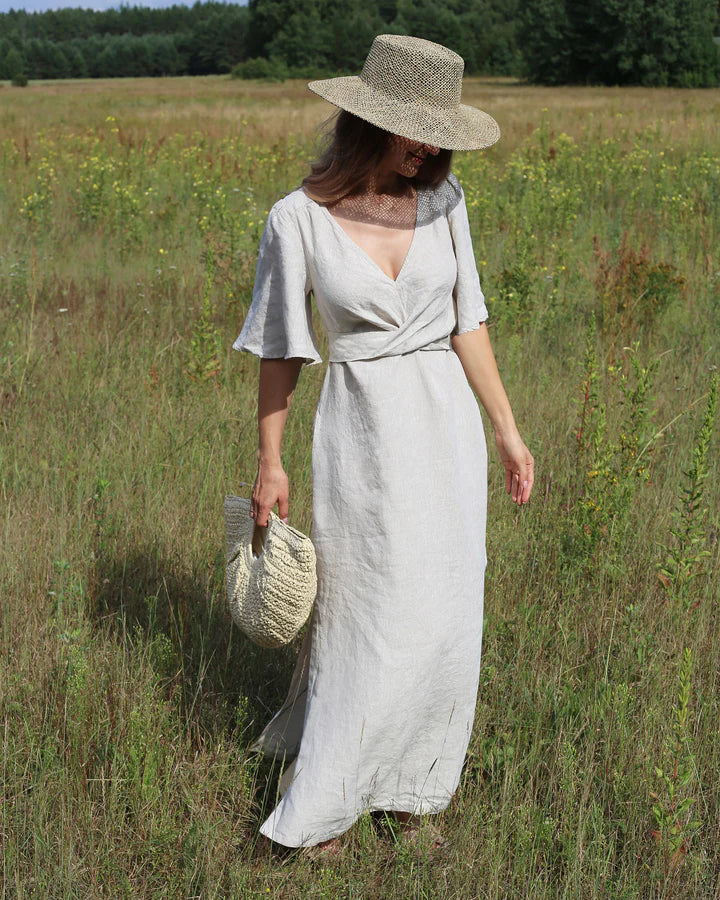 Maxi Linen Dress – V-Neck Draped Front with Tie Waist & Ruffled Sleeves