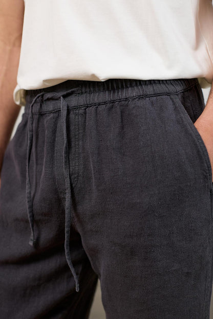 Anthracite Linen Drawstring Waist Pants – Relaxed Fit