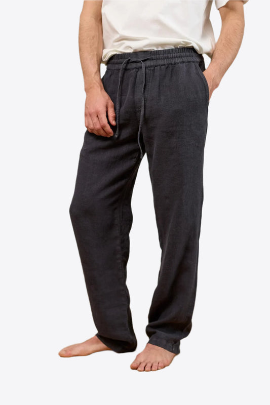 Anthracite Linen Drawstring Waist Pants – Relaxed Fit