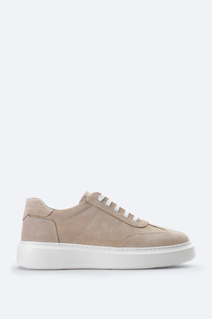 Beige Suede Leather Lace-Up Sneakers - Flexible Sole
