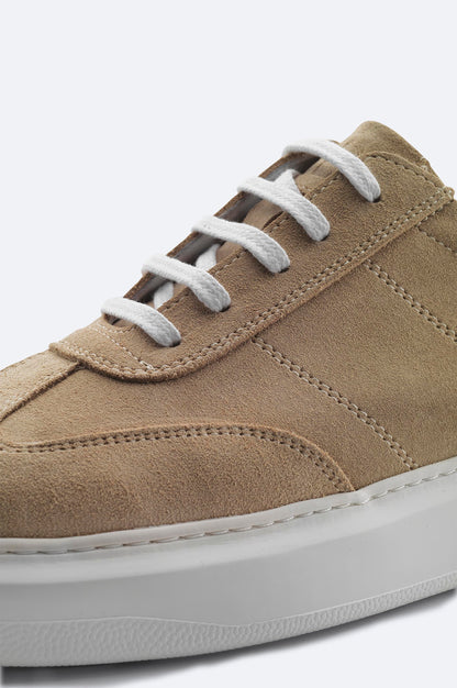 Beige Suede Leather Lace-Up Sneakers - Flexible Sole