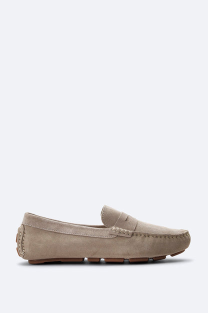 Beige Suede Penny Driver Loafers