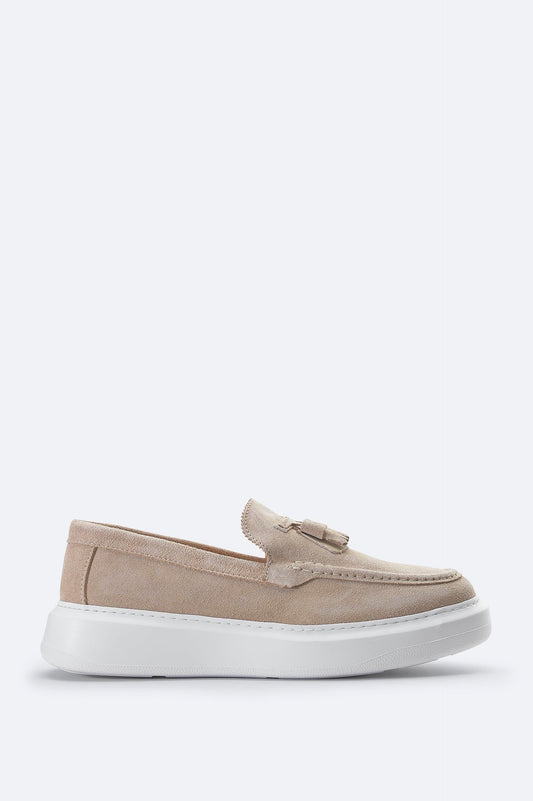 Beige Suede Tassel Loafers with Leather Lining