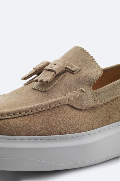 Beige Suede Tassel Loafers with Leather Lining