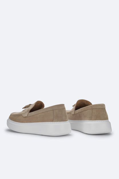 Beige Suede Tassel Loafers with Leather Lining
