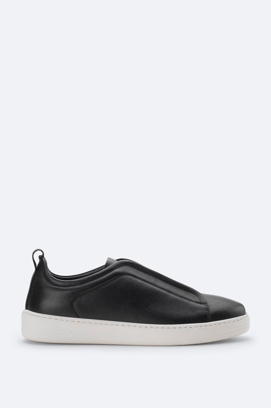 Black Leather Sneakers with Elastic Slip-On Design