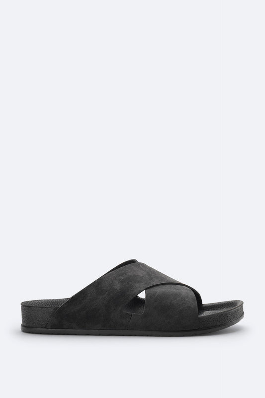 Black Cross-Strap Vegan Leather Sandals
