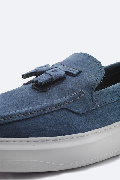 Blue Suede Tassel Loafers with Leather Lining