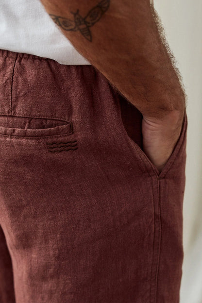 Brown Drawstring Waist Linen Shorts
