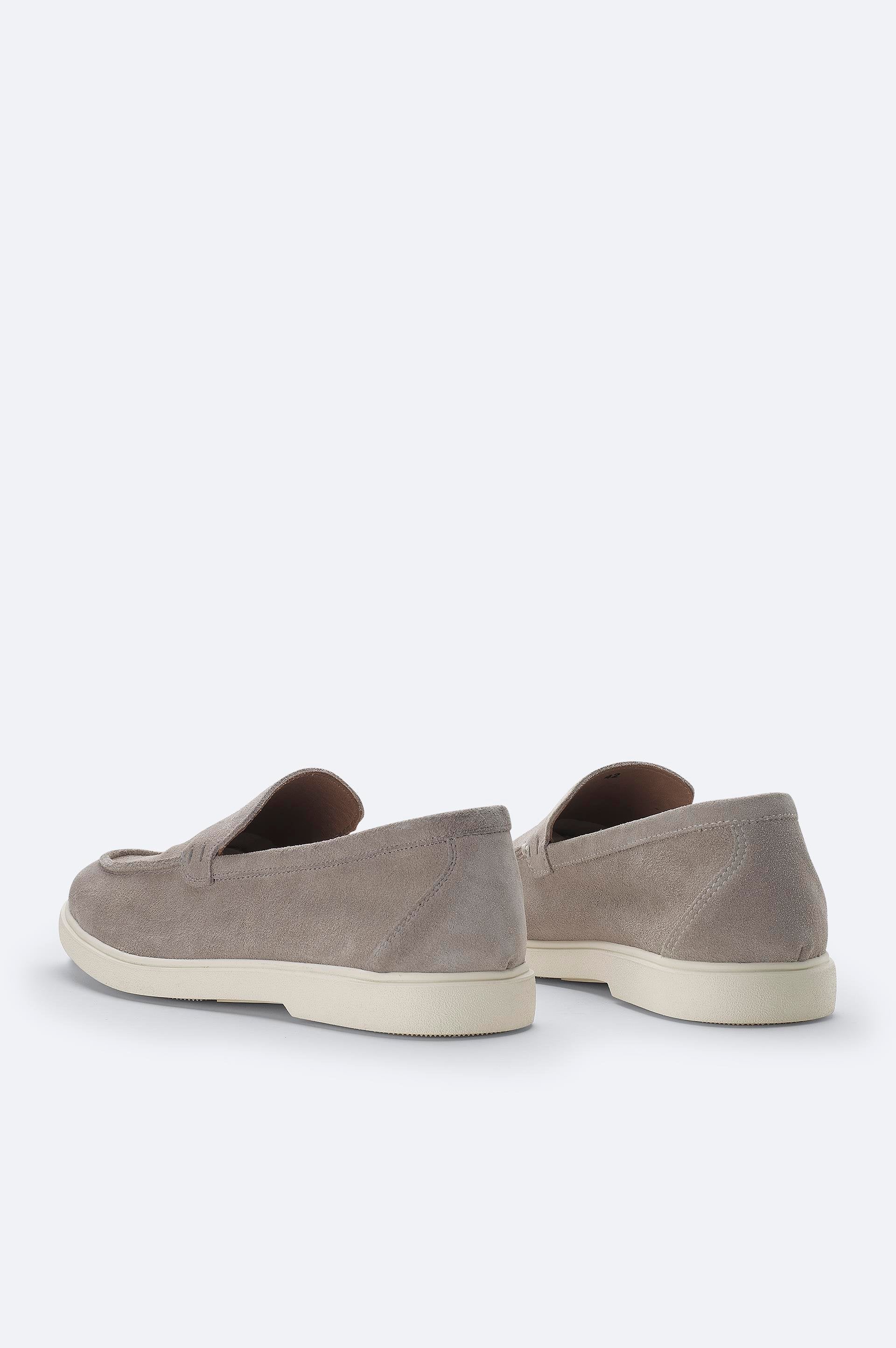 Back heel view of gray suede loafers for men