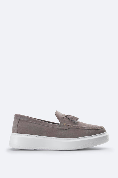 Taupe Suede Tassel Loafers with Leather Lining