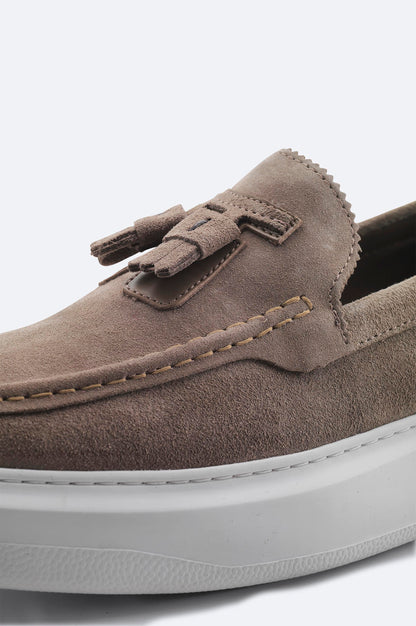 Taupe Suede Tassel Loafers with Leather Lining