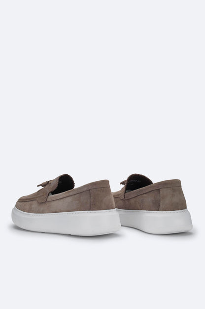 Taupe Suede Tassel Loafers with Leather Lining