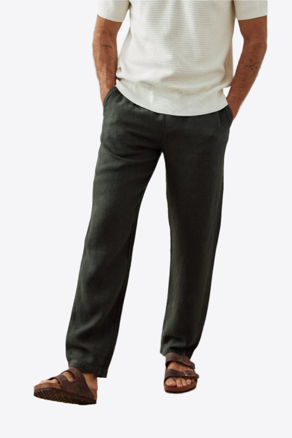 Dark Green Linen Drawstring Waist Pants – Relaxed Fit