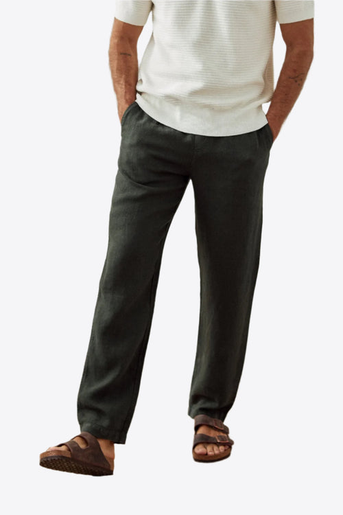 Dark Green Linen Drawstring Waist Pants – Relaxed Fit