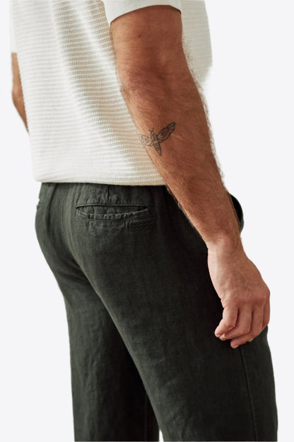 Dark Green Linen Drawstring Waist Pants – Relaxed Fit