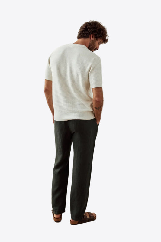 Dark Green Linen Drawstring Waist Pants – Relaxed Fit