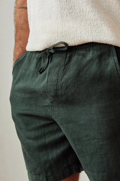Green Drawstring Waist Linen Shorts