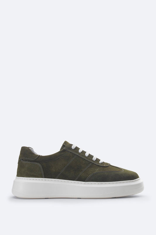Olive Suede Leather Lace-Up Sneakers - Flexible Sole