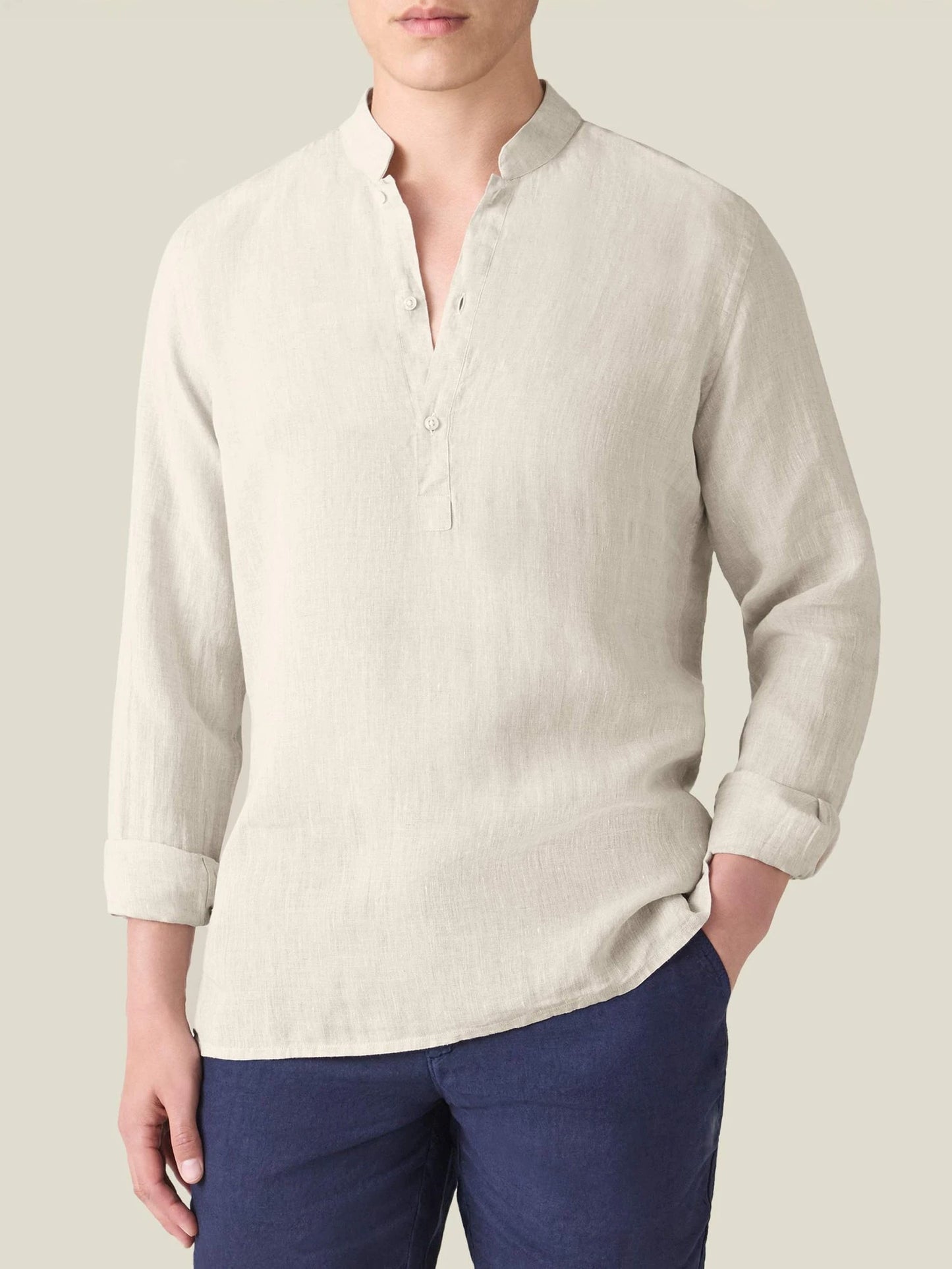 Beige Linen Popover Shirt – Grandad Collar