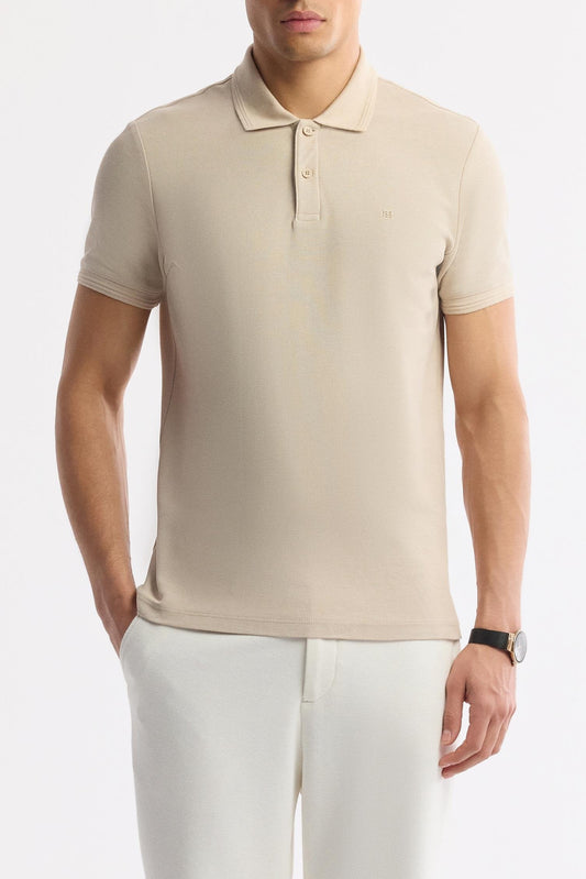 Beige Cotton Polo T-shirt – Anti-Curl Collar