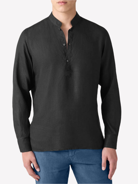 Black Linen Popover Shirt – Grandad Collar