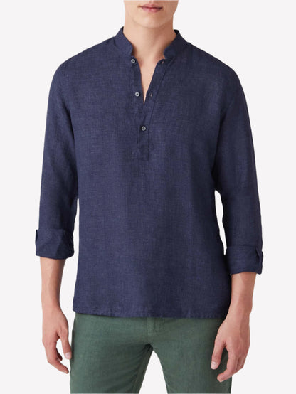 Navy Blue Linen Popover Shirt – Grandad Collar